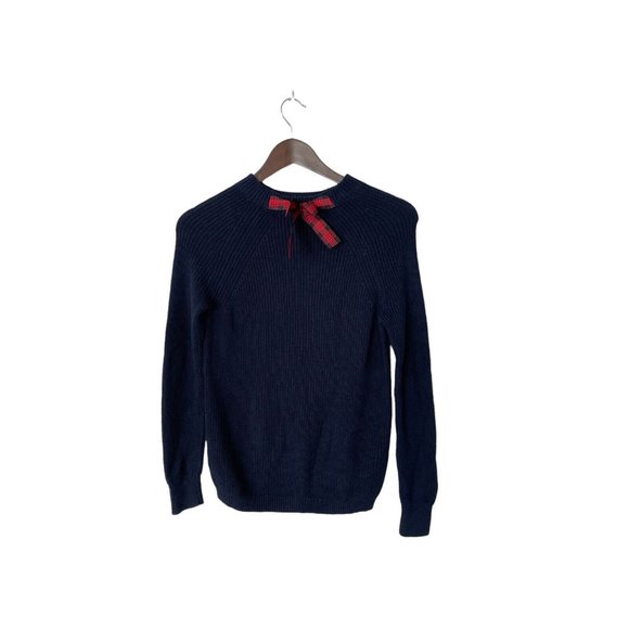 J Crew Mercantile Navy Blue Red Plaid Bow Tie Neck Sweater Size XXS Holiday Wool - Picture 1 of 3